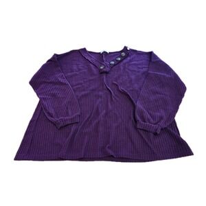 Zenana Waffle Knit V Neck Top Purple Plus Size 1x Faux Buttons